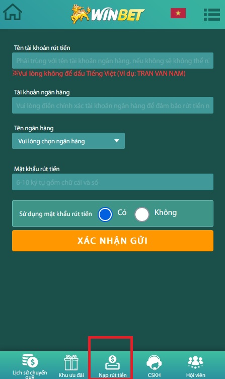 hướng dẫn nạp rút tiền Wbet casino