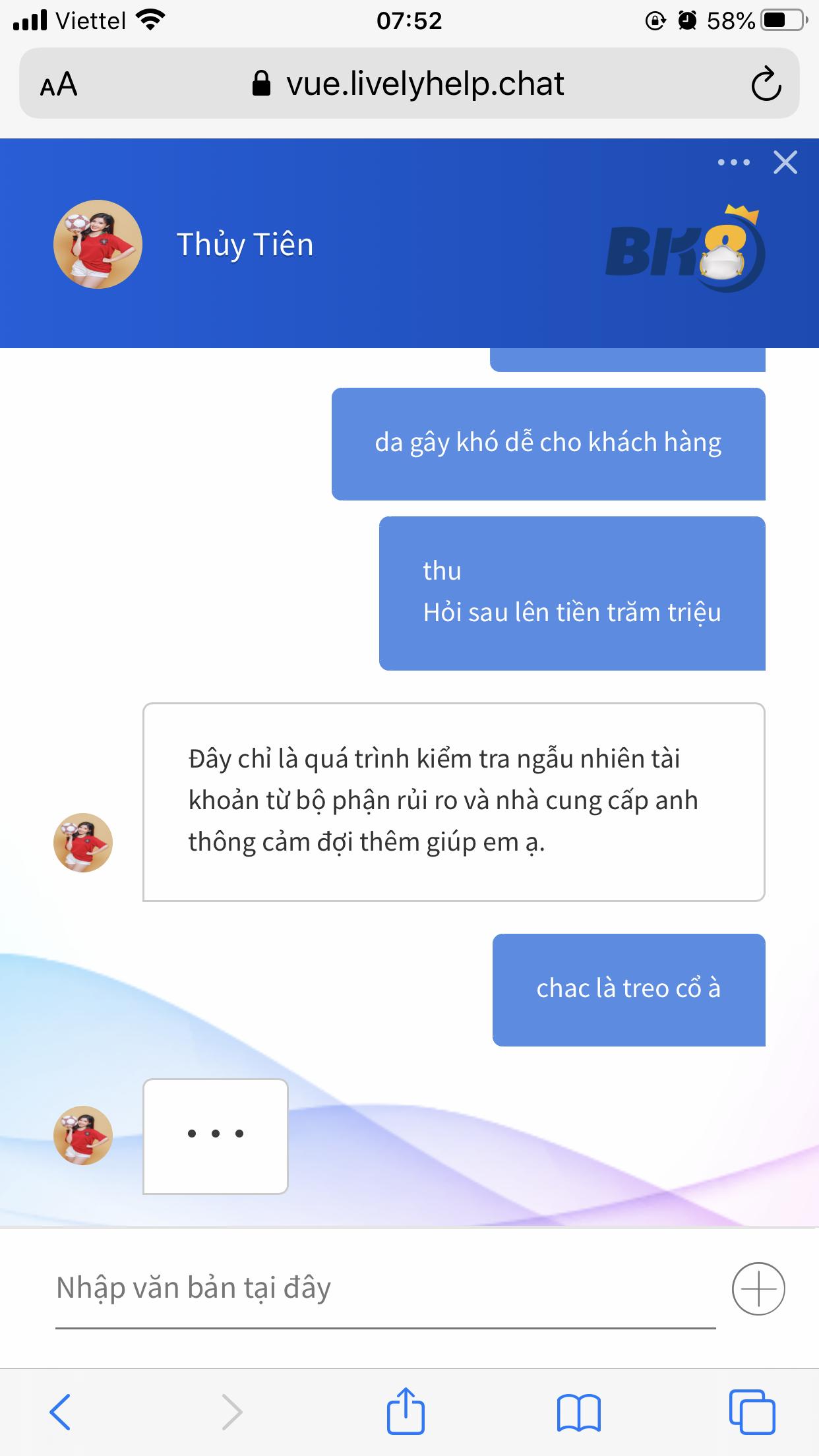 Chat với nhà cái BK8 lừa đảo