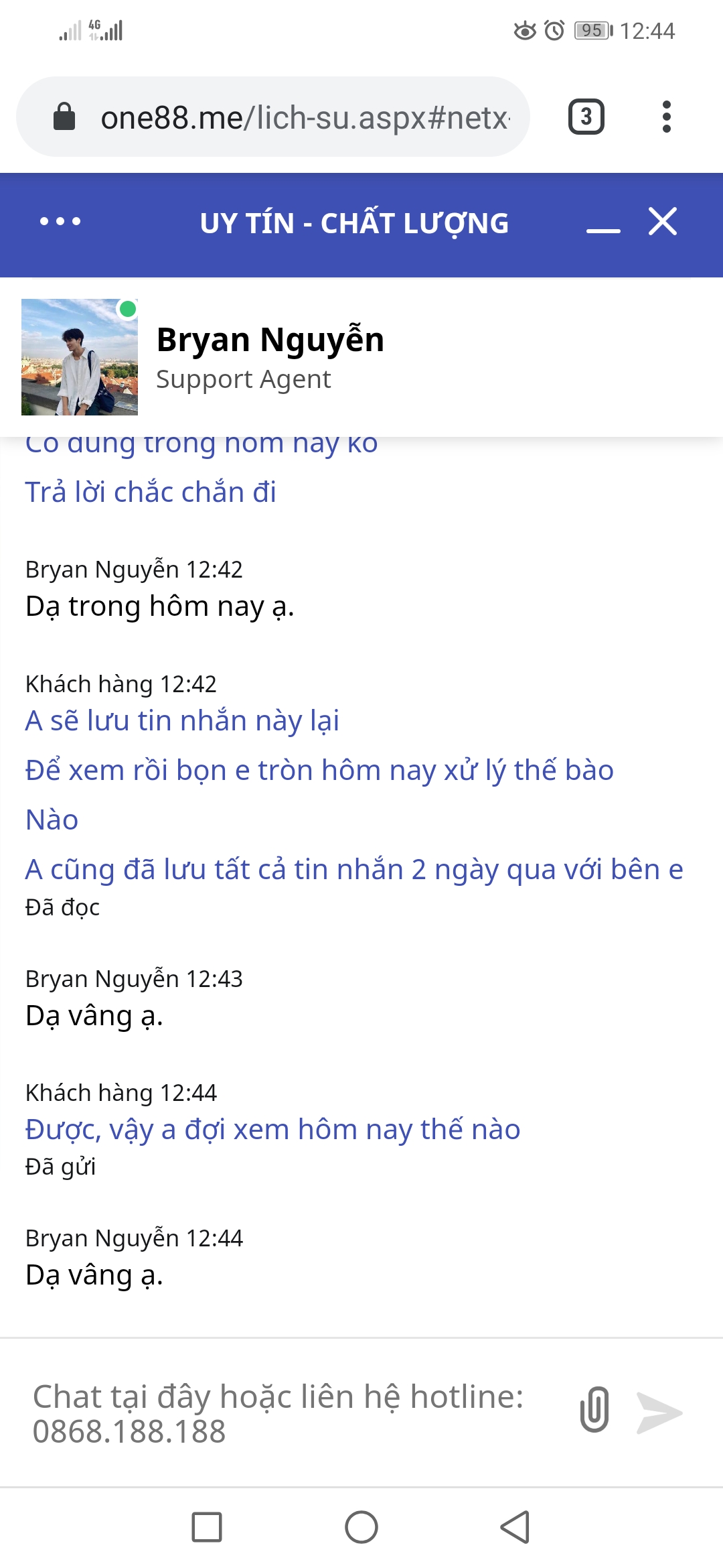 Bằng chứng hỗ trợ trò chuyện với ONE88 4
