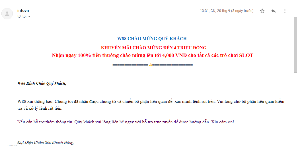 Hình ảnh W88 báo đã nhận được chứng từ, sau đó khóa trương mục ko lý do.