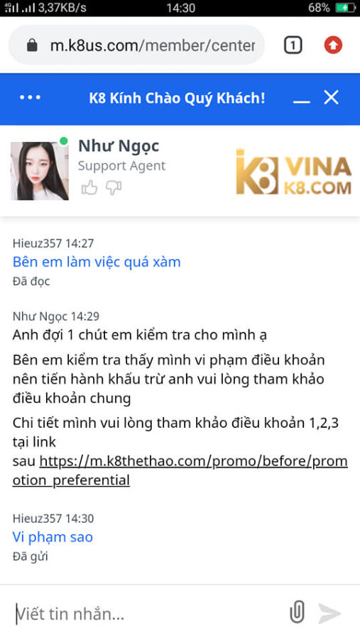 Chat với hỗ trợ K8 lừa đảo