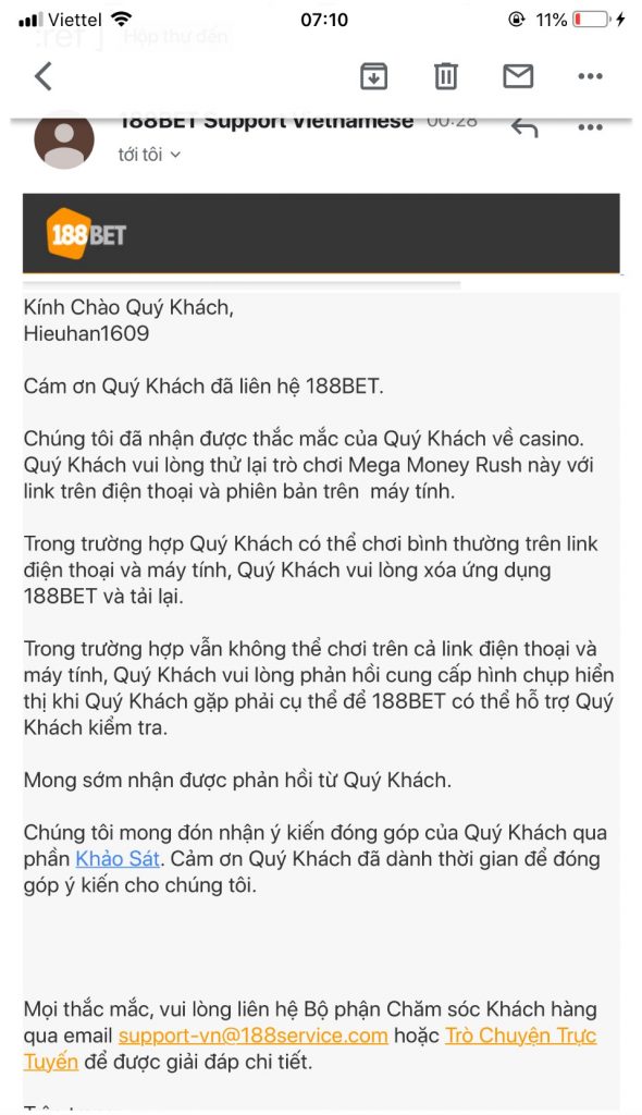 Con dấu 188BET phản hồi email như một robot tự động
