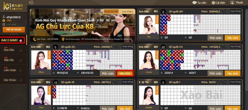 Chọn bàn Baccarat tại K8